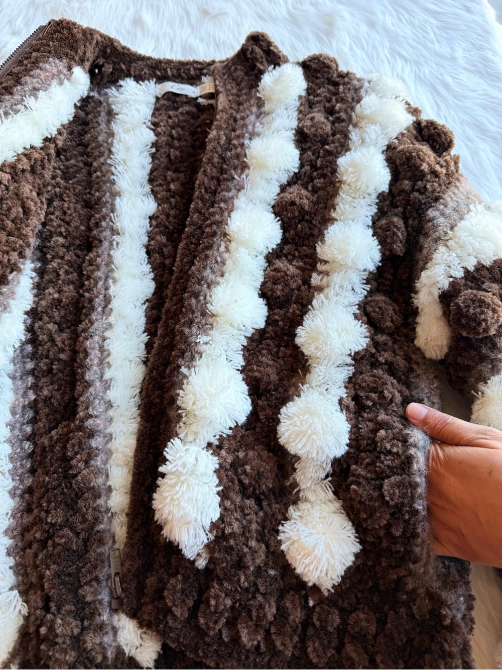 Vintage 90s Cee Brown Stripe Pom-Pom Fuzzy Zip Jacket Novelty Knit XL - Picture 12 of 13